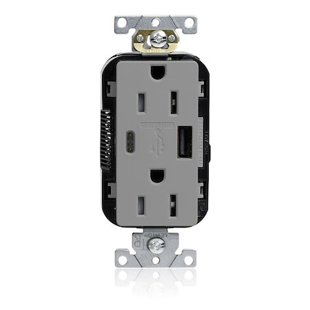 Leviton USB Receptacle, 15 A, 1/2 hp, Gray, PBT M56AC-GY