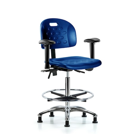 Blue Ridge Ergonomics Poly Chair Chrome, High Bench, Tilt, Arms, Foot Ring, Glides, Blue BR-HPHBCH-CR-T1-A1-CF-RG-BLU