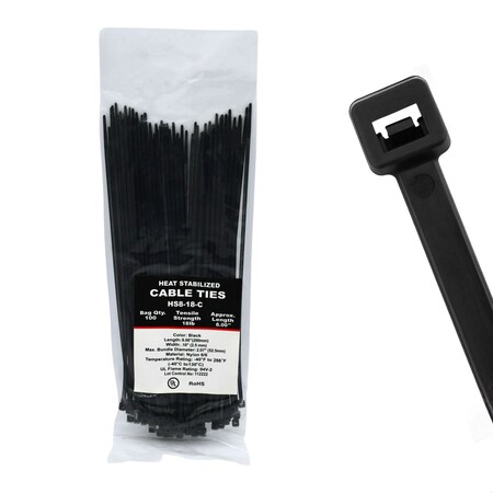 Cable Ties Unlimited Heat Stabilized Cable Tie, 8 in L, 18 lb Strength, 2.2 in Max Bundle Dia, Nylon, UV-Res, Blk, 100PK HS8-18-C