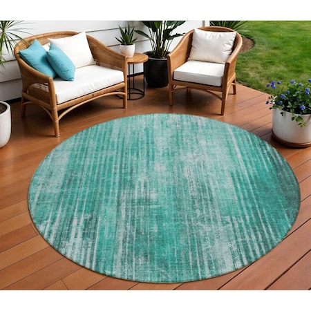 Homeroots 8' Teal Blue Aqua And Gray Round Striped Washable Indoor Outdoor Area Rug 577267