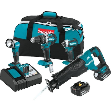 Makita LXT Cordless 4-Pc. Combo Kit, 5.0Ah, 18V, Lithium-Ion, Brushless, 1500 lbs Torque XT447T