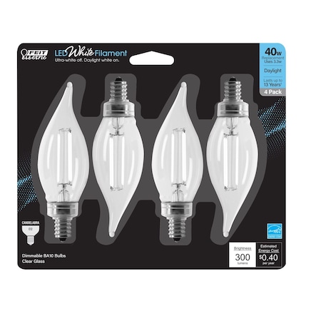 Feit Electric Feit White BA10 E12 (Candelabra) Filament LED Bulb Daylight 40 Watt Equivalence 4 pk BPCFC40950WFIL4