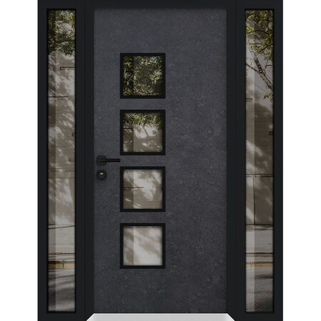 Vdomdoors Aluminum Door Cynex 6106 Dark Stone Entry Steel Metal Modern Painted W14+36+14xH80 Right Inswing CYNEX6106EXD-DARK-W14+36+14xH80-RH-I