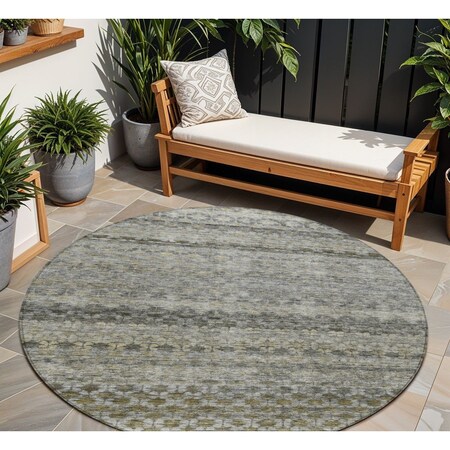 Homeroots 8' Pewter And Green Round Striped Washable Indoor Outdoor Area Rug 605701