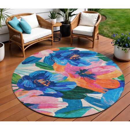 Homeroots 8' Navy Blue And Sky Blue Round Floral Washable Indoor Outdoor Area Rug 611073