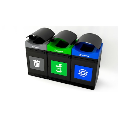 Commercial Zone Products Avante Series Triple Stream Black Trash/Recycling/Composting 55 gallon Containers w/ Canopy Top 787302MSA