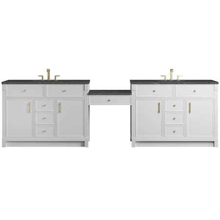 James Martin Vanities Bellshire 120" Dual Vanity Set w/24" Make-Up Counter, Bright White w/3 cm Parisien Bleu Silestone To 660-VMC120-BW-FPBL