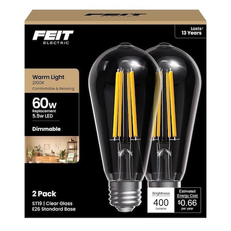 Feit Electric ST19 E26 Medium Filament LED Bulb Warm Candle Light 60 Watt Equivalence, 2PK ST19/CL/VG/LED2