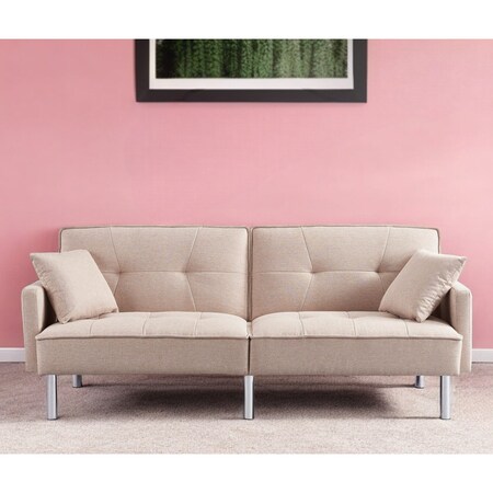 Homeroots 85" Beige Polyester Blend Convertible Futon Sleeper Sofa And Toss Pillows With Silver Legs 544952