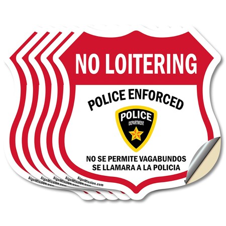 Signmission Bilingual No Loitering Shield Sign Polic, 4 inch X 4 inch, Vinyl Decal, 5PK SHI-D-5PACK-4-365