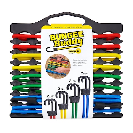 Wrap-It Bungee Cord Organizer and 8 Bungee Cords, 2x18in, 2x24in, 2x30in, 2x36in 108-BB-8406
