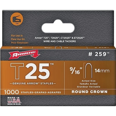 Arrow Lock T25 Series Staple, 5/16 in W Crown, 9/16 in L Leg, 5PK 259