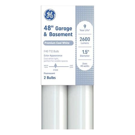 Ge Tube Light Bulb, 40 W, T12 Linear Lamp, G13 Bi-Pin Lamp Base, 2900 Lumens, 4100 K Color Temp 93130676