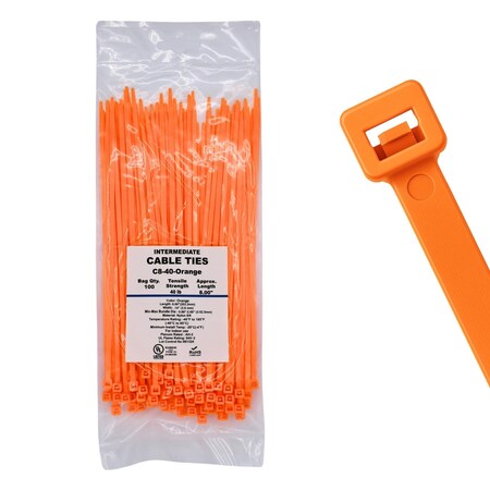 Cable Ties Unlimited Cable Tie, 8 in L, 40 lb Strength, 2.2 in Max Bundle Dia, Nylon 6/6, Orange 100PK   C8-40-Orange