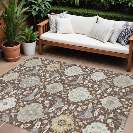 Homeroots 8' X 10' Brown Gray And Ivory Damask Washable Indoor Outdoor Area Rug 599403