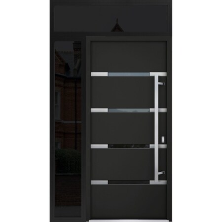 Vdomdoors Steel Door Deux 1105 Black Enamel Sidelight and Transom Window Sidelite Stainless Inserts Entry Doo DEUX1105EXD-BLK-W36+16xH80+16-LH-O