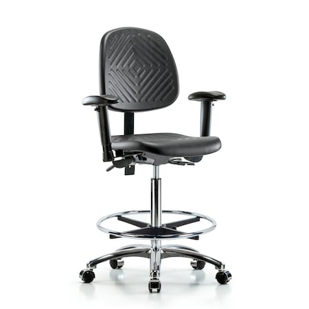 Blue Ridge Ergonomics Bench Chair, Poly, Hi, Med Bk, CF, Cast, 6-Way Adjustable, 24-1/2" to 33-1/2" Height, Blue, Black BR-PHBCH-MB-CR-T1-A1-CF-CC