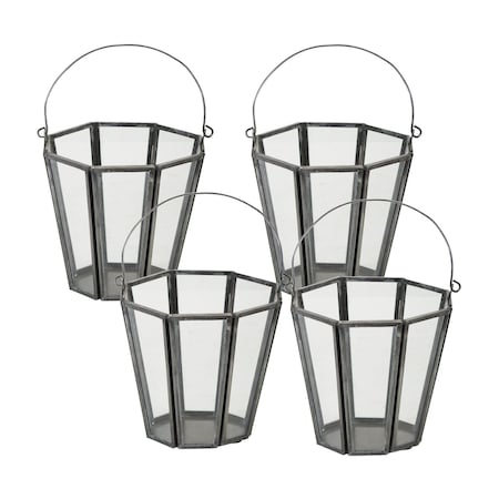 Homeroots Set of Four Gray Distressed Geometric Iron And Glass Tabletop Votive Candle Holders, 4PK 517603
