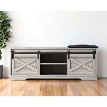 Homeroots 47" Gray And Black Wood And Faux Leather Storage Bench with Shelves 632590