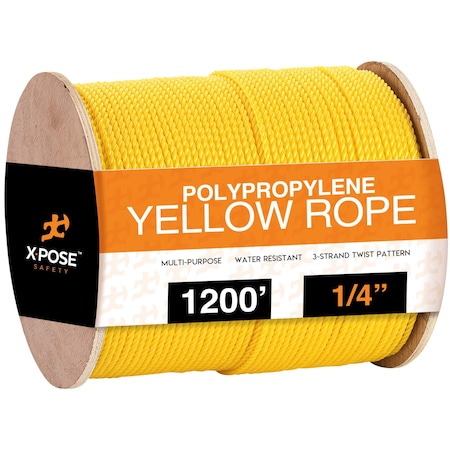 Xpose Safety 1200 ft Twisted Poly Rope, 1/4, Yellow Floating Poly Pro Cord YPR14-1200-X