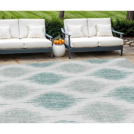 Homeroots 9' X 12' Aqua Teal Blue And Ivory Ikat Washable Indoor Outdoor Area Rug 589072