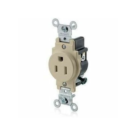 Leviton Straight Blade Receptacle, 5-15R, 15 A, 125V AC, 2 Pole, 3 Wire, Flush Mount, Single, Ivory 5015-I