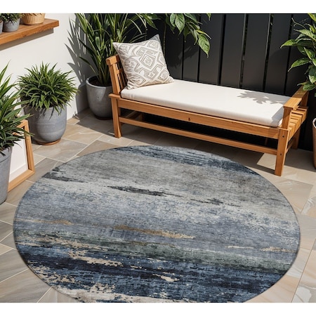 Homeroots 8' Navy Blue Gray And Black Round Abstract Washable Indoor Outdoor Area Rug 605963