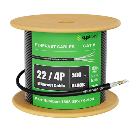 Syston Cable Technology Cat 8 Ethernet Cable S/FTP Bulk, 500ft, Black, 2000 MHz 22 AWG Solid Copper, CL2R CMR Riser-Rated BULK1588-500BK