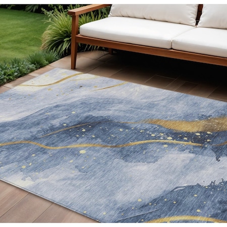 Homeroots 10' X 14' Blue And Gold Abstract Washable Indoor Outdoor Area Rug 611340