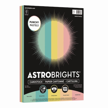 Astrobrights Color Cardstock -inPunchy Pastelsin Assortment, 65 lb Cover Weight, 8.5 x 11, Assorted, 100PK 91786