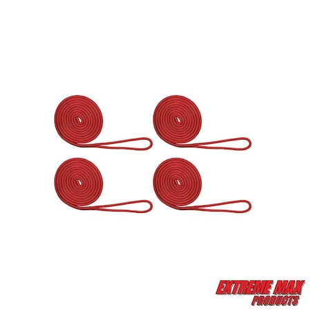 Extreme Max 3006.3008 BoatTector Double Braid Nylon Dock Line Value 4-Pack - 3/8" x 15', Red 3006.3008