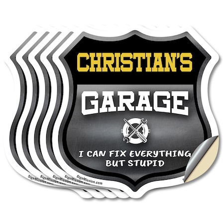 Signmission Christian's Garage I Can Fix Everything But Stupid, 4 inch X 4 inch, Vinyl Decal, 5PK SHI-D-5PACK-4-490-CHRISTIAN
