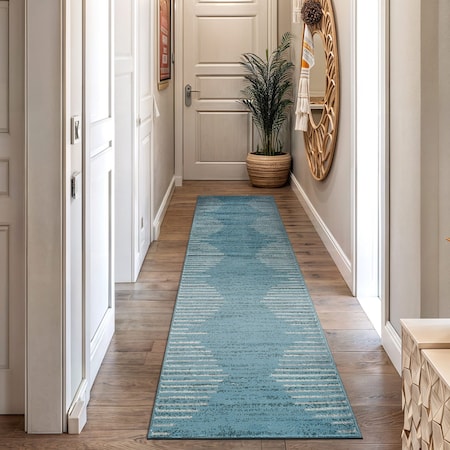 World Rug Gallery Bohemian Stripe Stain Resistant Runner Rug 2 ft x 7 ft Blue 385BLUE2X7