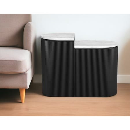 Homeroots Set of Two Black And White Solid Wood And Marble Oval Block End Tables 576795