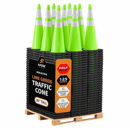 Xpose Safety Traffic Safety Cone, 36 in, PVC, Dual 6 in & 4 in Reflective Collar, Lime Green, Half Pallet (125) LTC36-64-HP125-X
