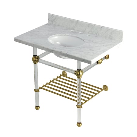 Kingston Brass 36-Inch Carrara Marble Console Sink with Acrylic Legs and Shelf, 8-Inch, 3-Hole KVPB3630MAB7