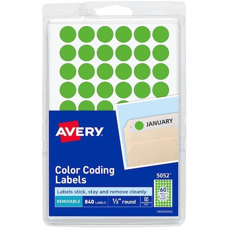 Avery Removable Self-Adhesive Color-Coding Labels, 1/2" Dia, Neon Green, 840/Pack 5052