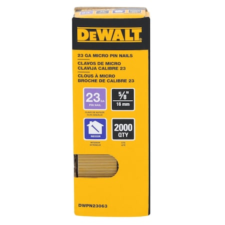 Dewalt Pin Nails, 5/8 in L, 23 ga, Galvanized, Headless Head, 0  Degrees, 2000 PK DWPN23063