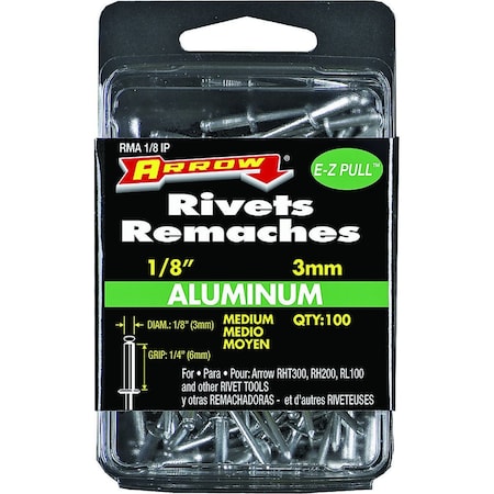 Arrow Pop Rivet, Medium, 1/4 in L, Aluminum Chrome, 100PK RMA1/8IP