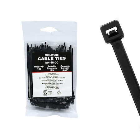 Cable Ties Unlimited Cable Tie, 4 in L, 18 lb Strength, 1 in Max Bundle Dia, Nylon 6/6, UV Resistant, Black, 100PK M4-18-0C