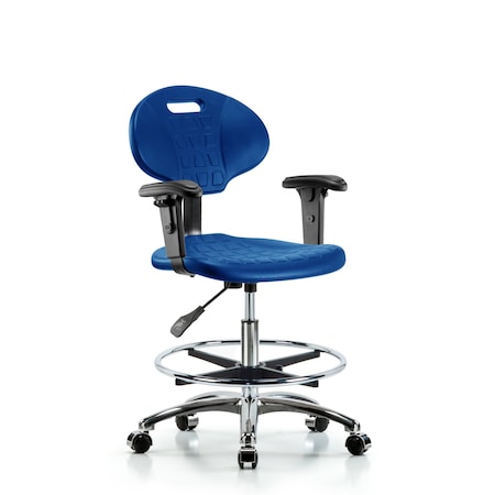 Blue Ridge Ergonomics Erie Poly Chair Chrome, Med Bench, Foot Ring, Arms, Chrome Caster, Blue BR-TPMBCH-CR-A1-CF-CC-BLU