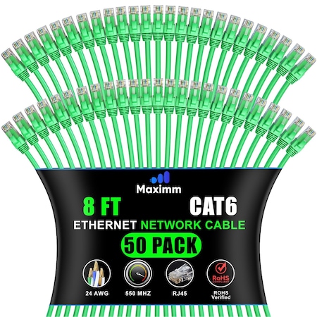 Maximm Cat6 Ethernet Cable 8ft 10Gbps 550MHz UTP, 50PK, Green, 50PK CAT6CCA-8GN-50PK