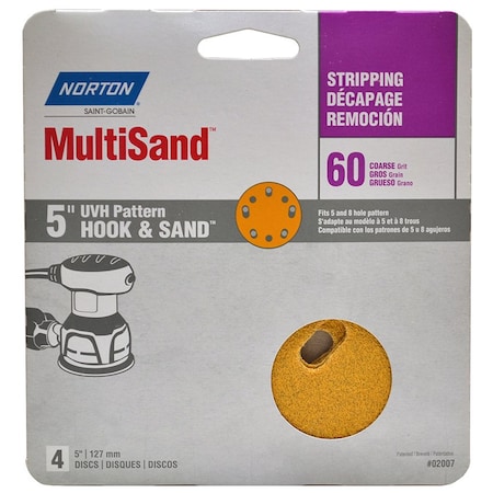Norton Co 5" Norton 02007 Hook & Sand 5 & 8 Hole Sanding Disc, 60-Grit, 4-Pack 02207