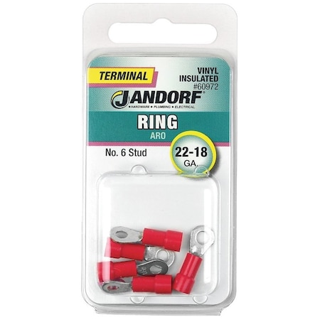 Jandorf Ring Terminal, 22 to 18 AWG Wire, #6 Stud, Vinyl Insulation, Copper Contact, Red 60972