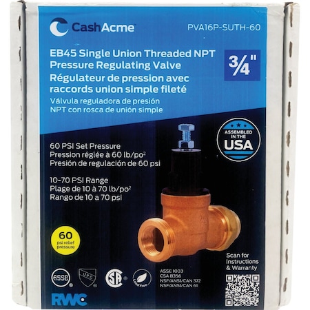 Cash Acme 3/4'' EB45 Brass Pressure Regulating Valve PVA16P-SUTH-60