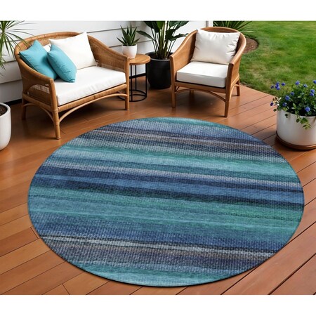 Homeroots 8' Teal Blue Aqua And Navy Blue Round Striped Washable Indoor Outdoor Area Rug 631223