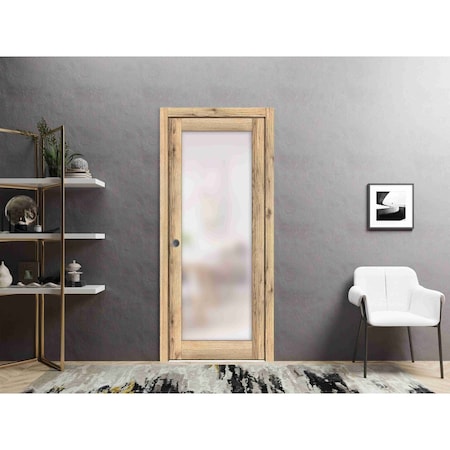 Sartodoors Slab Barn Door Panel Frosted Glass Planum 2102 Oak 30x96 Solid Core Modern Interior PLANUM2102S-DUB-3096