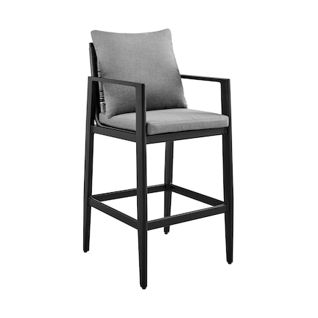 Armen Living Cayman Outdoor Patio Counter Height Bar Stool in Aluminum with Gray Cushions LCCCBABL26