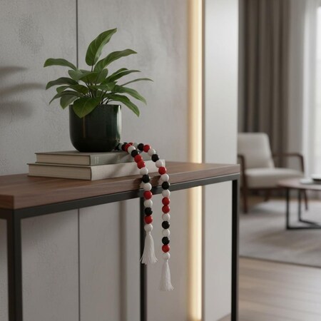 Homeroots 40" Black Red And White Wood Hand Painted Decorative Tassel 635379