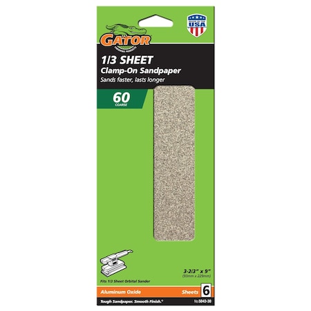 Gator Finishing AlumniNext 1/3 Sheet Clamp-On Sandpaper, 60 Grit, 6PK 5043